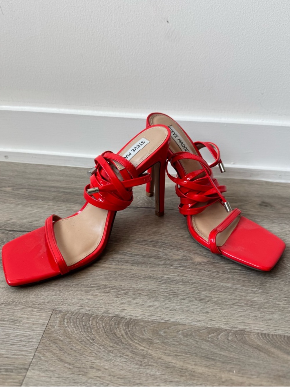 Steve Madden Red Patent Strappy Square-Toe Stiletto Sandals